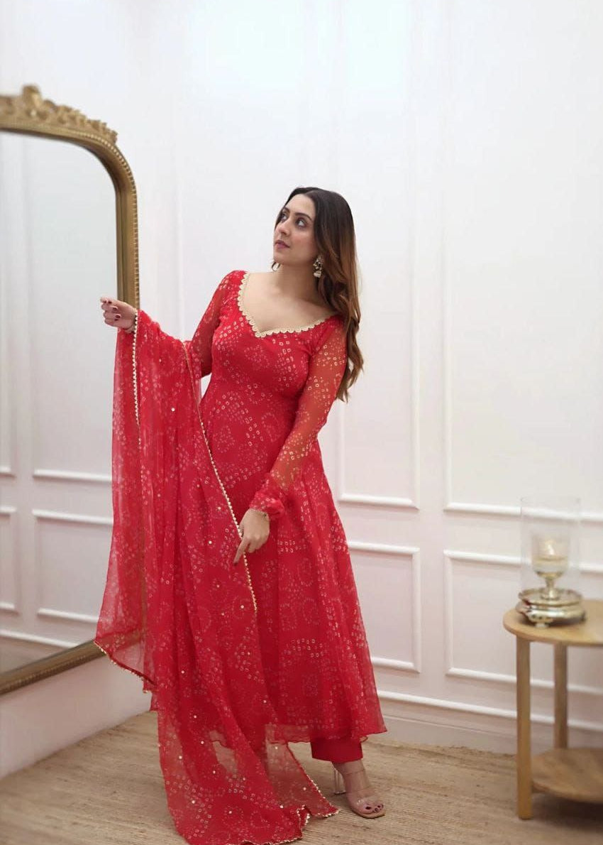 Women'S Red Bandhani Styles Gown